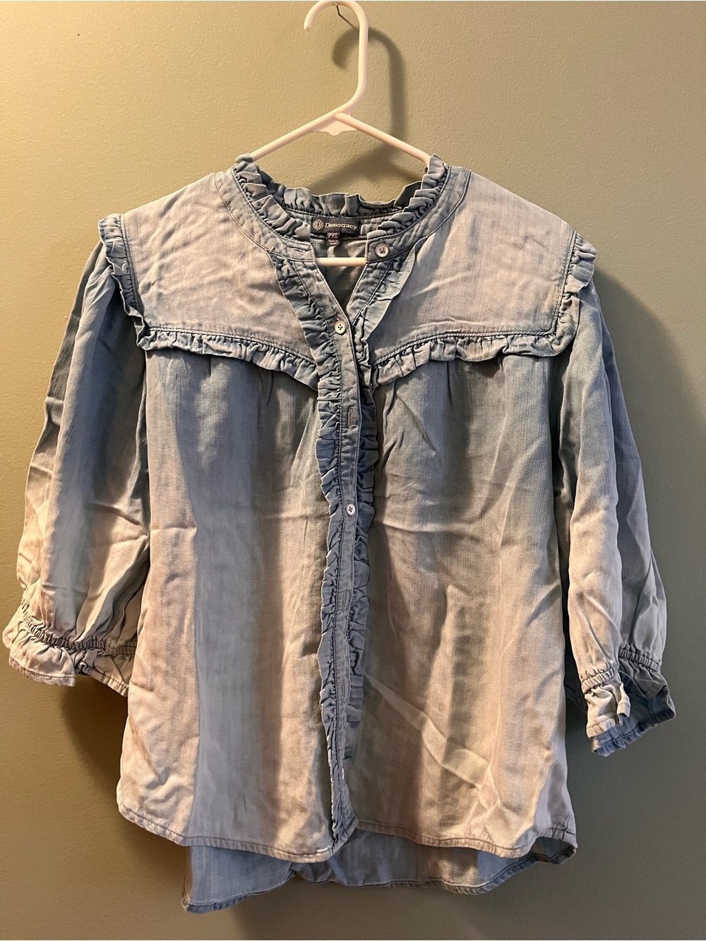 Democracy Light Blue Ruffle-Trim Denim Blouse - Women's Top NEW